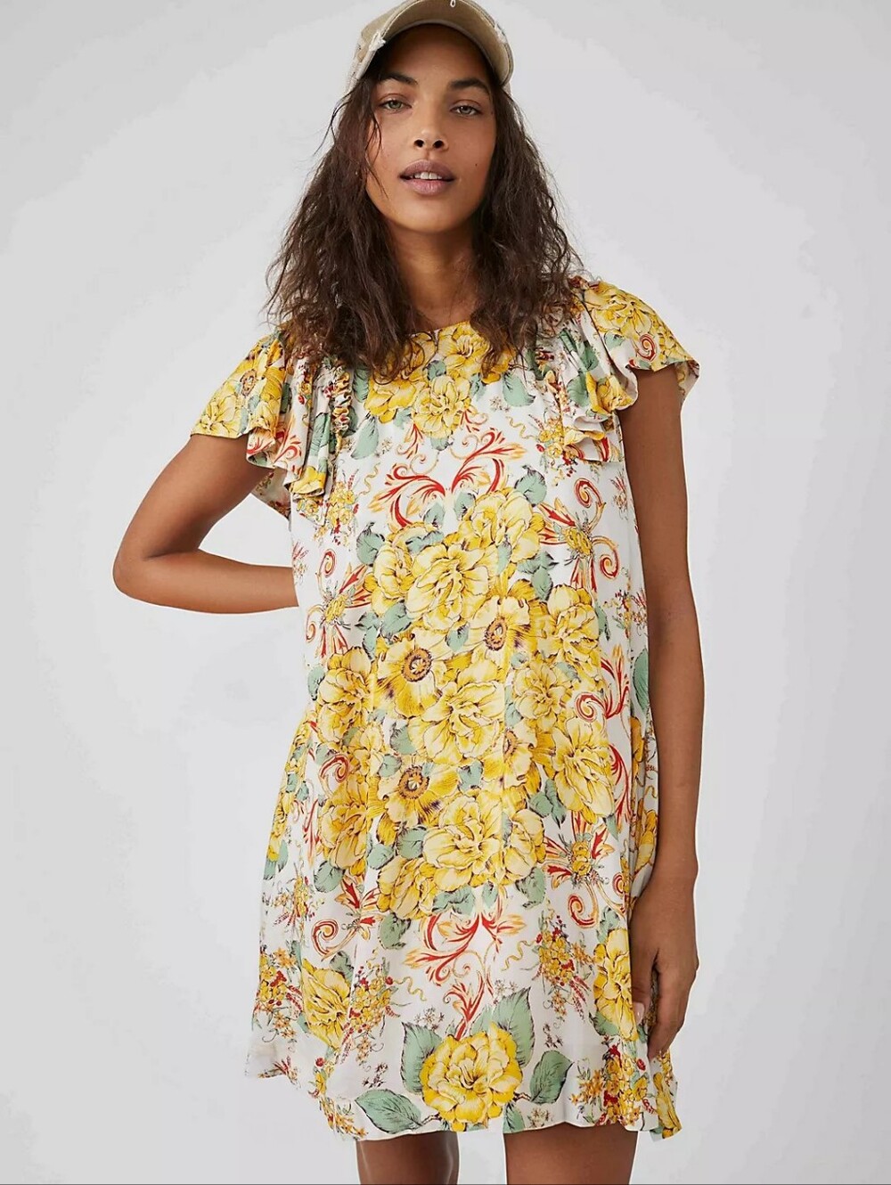 Free People Yara Printed Mini Dress Yellow Floral Large NWT
